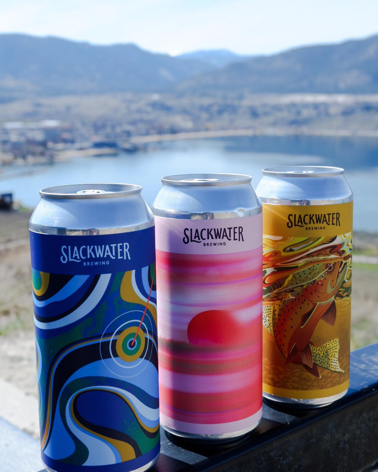 Slackwater Brewing cans on bench overlooking downtown Penticton